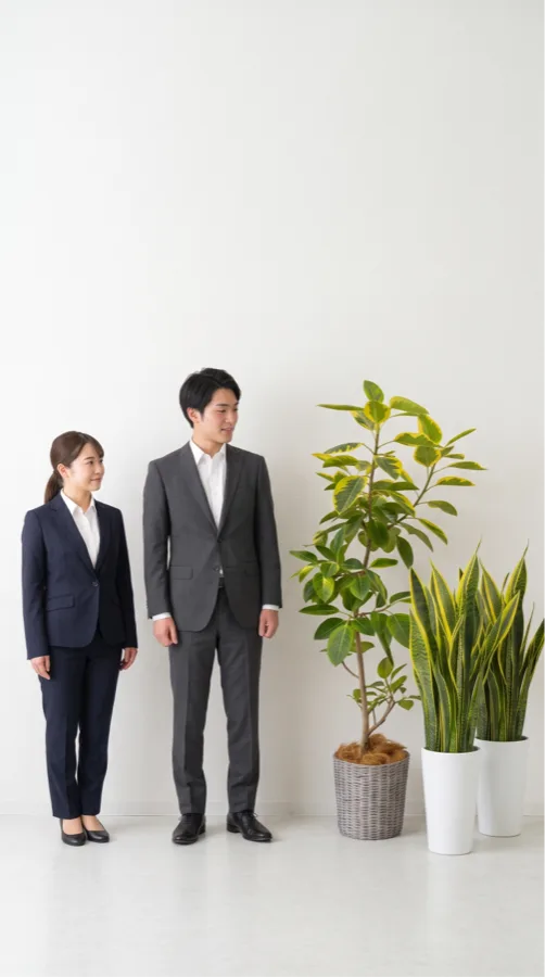 観葉植物と大きさを比較するスタッフ